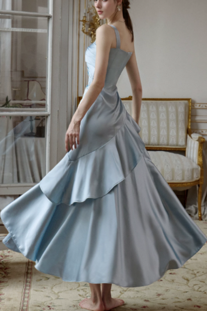 French-style blue satin sleeveless dress, spaghetti-strap, asymmetrical fishtail gown L004