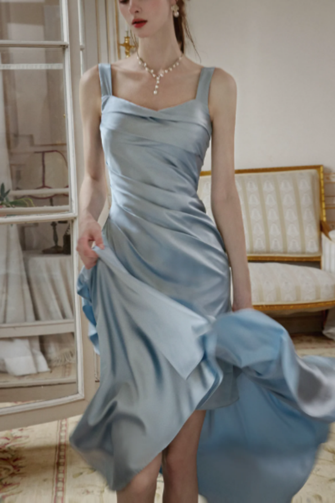 French-style blue satin sleeveless dress, spaghetti-strap, asymmetrical fishtail gown L004