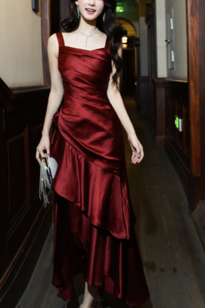 French-style red satin dress for women – a sophisticated, ruffled gown perfect for birthdays L002