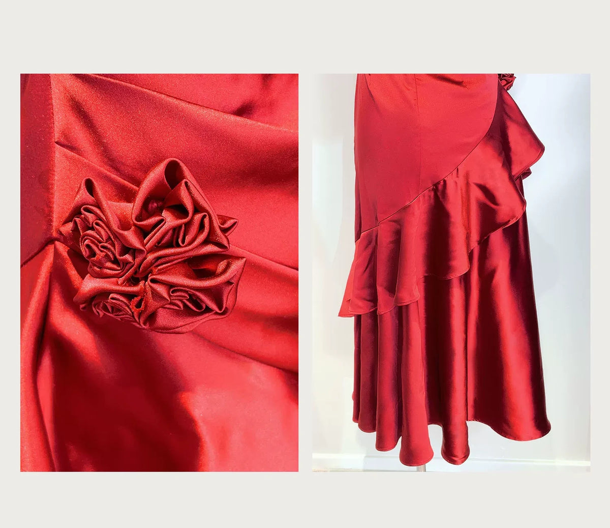 French-style red satin dress for women – a sophisticated, ruffled gown perfect for birthdays L002