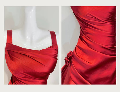 French-style red satin dress for women – a sophisticated, ruffled gown perfect for birthdays L002