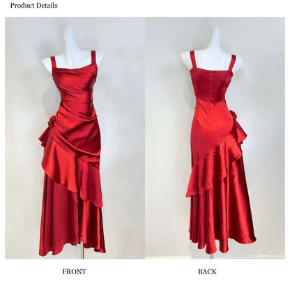 French-style red satin dress for women – a sophisticated, ruffled gown perfect for birthdays L002