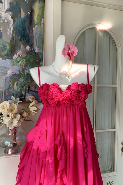 Fuchsia 3D Rose Spaghetti Strap Mini Dress, Irregular Ruffle Chiffon Party Homecoming Gown F057