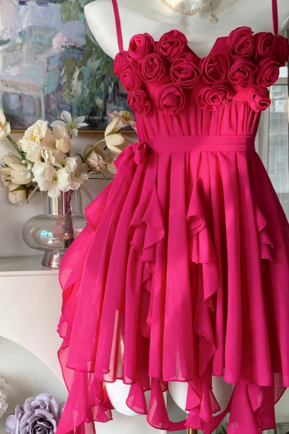 Fuchsia 3D Rose Spaghetti Strap Mini Dress, Irregular Ruffle Chiffon Party Homecoming Gown F057
