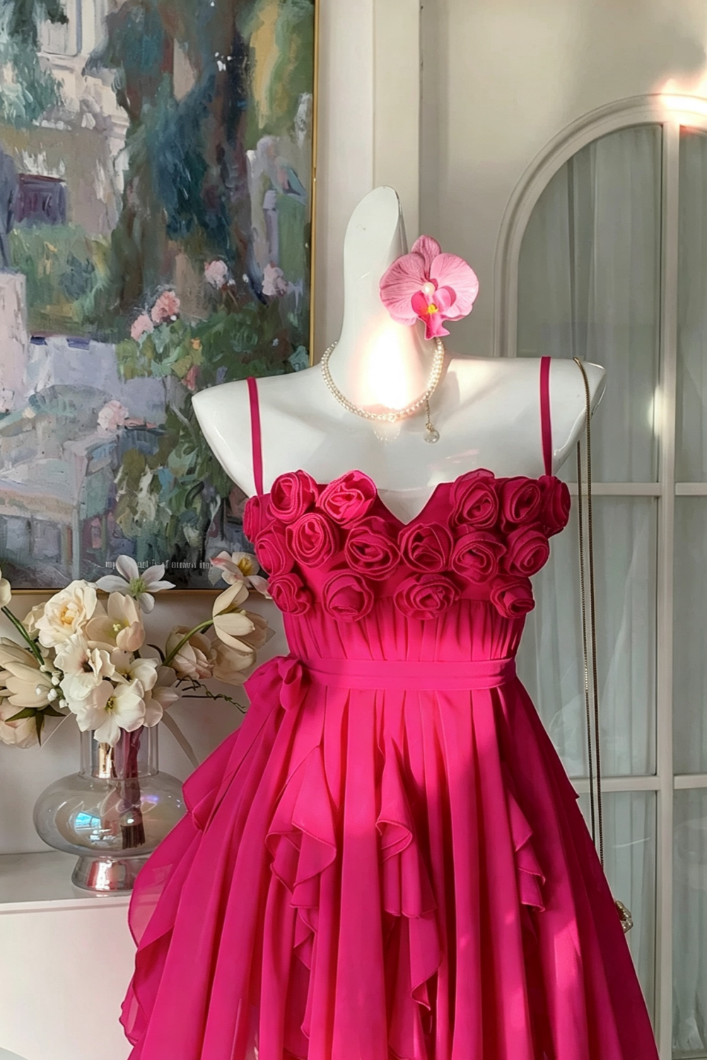 Fuchsia 3D Rose Spaghetti Strap Mini Dress, Irregular Ruffle Chiffon Party Homecoming Gown F057