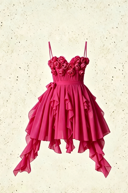 Fuchsia 3D Rose Spaghetti Strap Mini Dress, Irregular Ruffle Chiffon Party Homecoming Gown F057