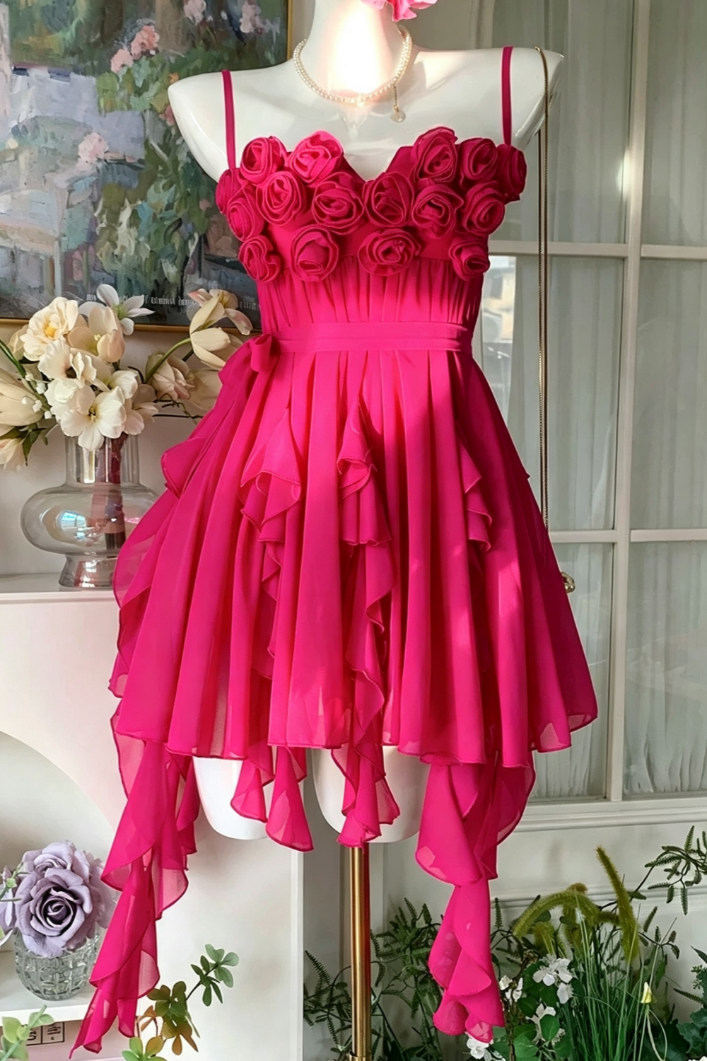 Fuchsia 3D Rose Spaghetti Strap Mini Dress, Irregular Ruffle Chiffon Party Homecoming Gown F057