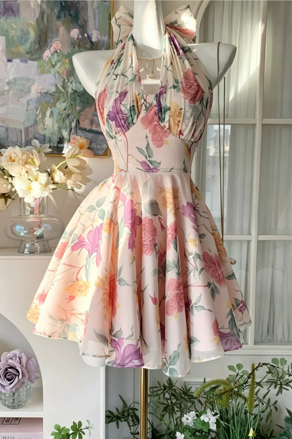 Garden Floral Print Halter Dress, Bow Back Short Party Dress F0058
