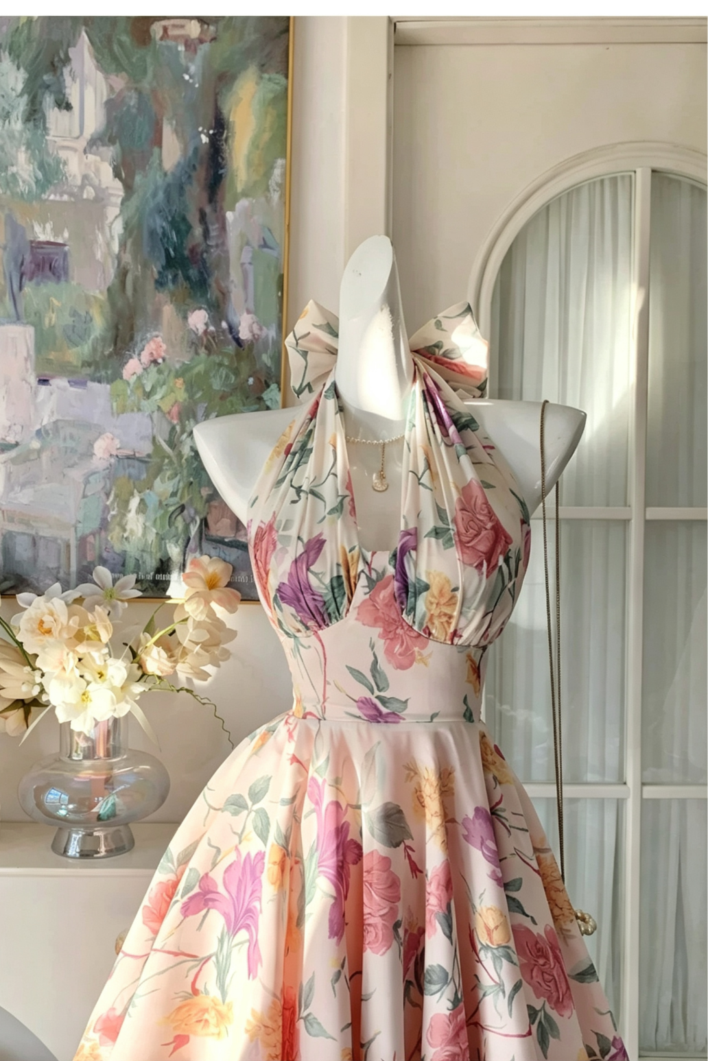 Garden Floral Print Halter Dress, Bow Back Short Party Dress F0058