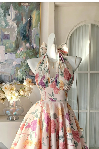 Garden Floral Print Halter Dress, Bow Back Short Party Dress F0058