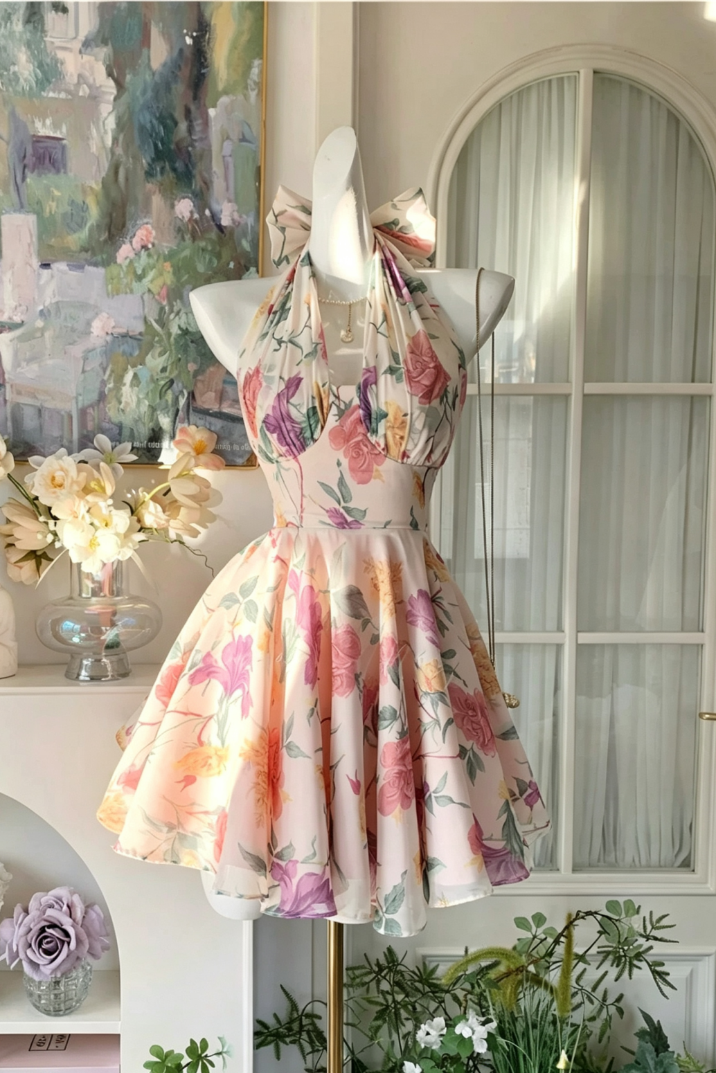 Garden Floral Print Halter Dress, Bow Back Short Party Dress F0058