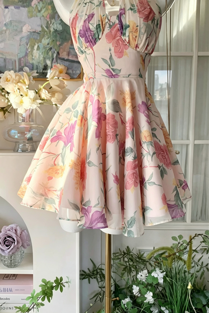 Garden Floral Print Halter Dress, Bow Back Short Party Dress F0058