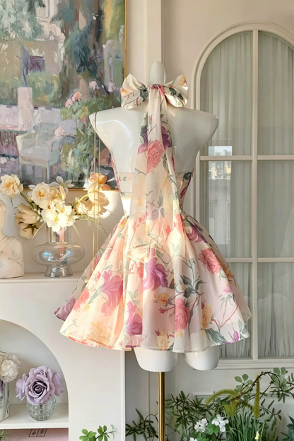 Garden Floral Print Halter Dress, Bow Back Short Party Dress F0058