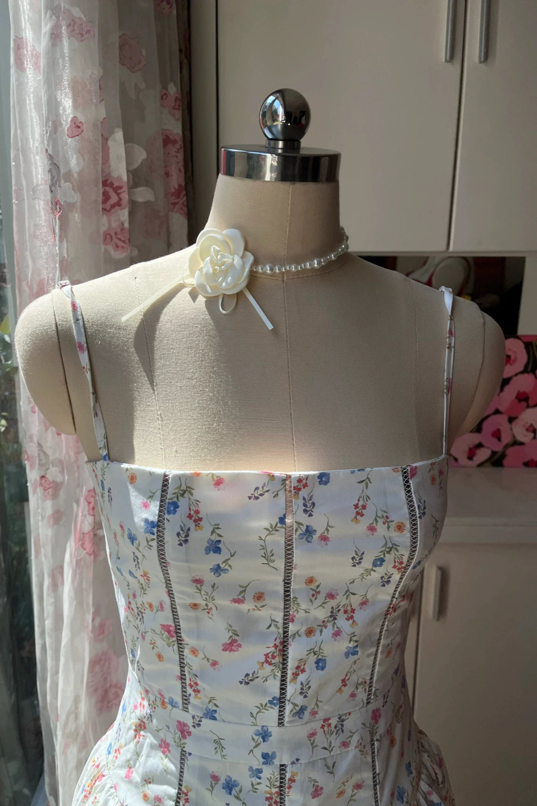 Spaghetti Strap Floral Midi Dress Corset Bodice Garden Party Gown F0425