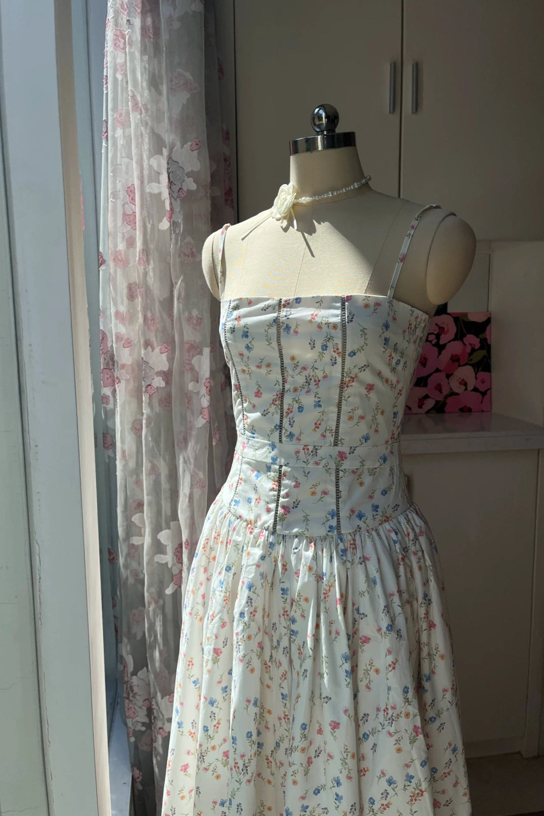 Spaghetti Strap Floral Midi Dress Corset Bodice Garden Party Gown F0425