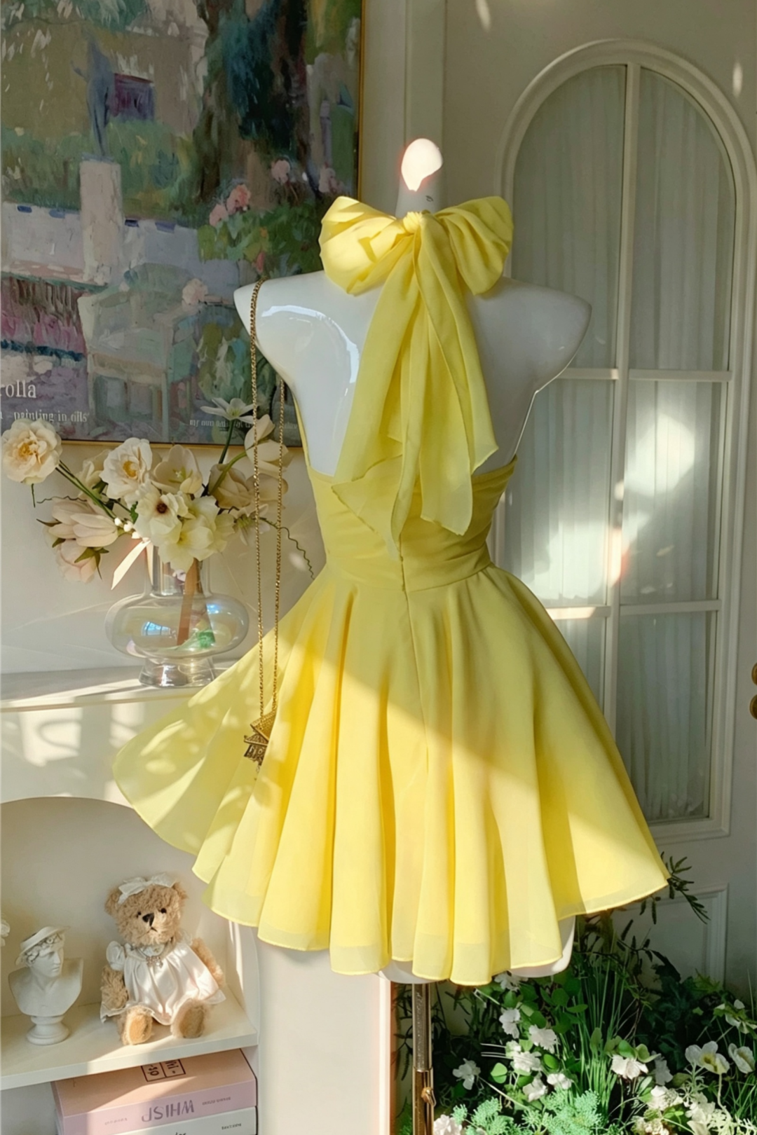 Summer Dress Yellow Halter Short Dress With Large Back Bow For Garden Party F0037
