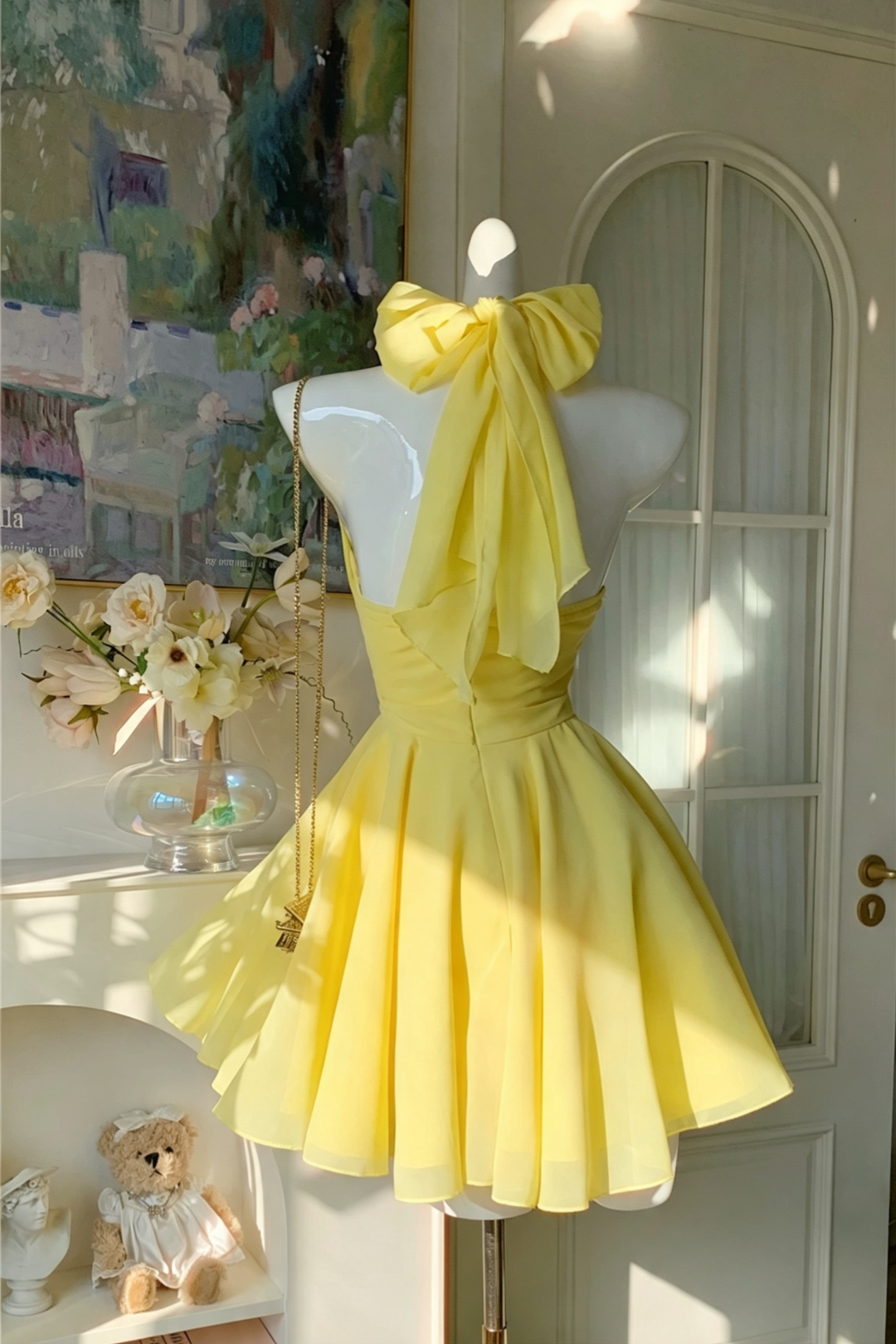 Summer Dress Yellow Halter Short Dress With Large Back Bow For Garden Party F0037