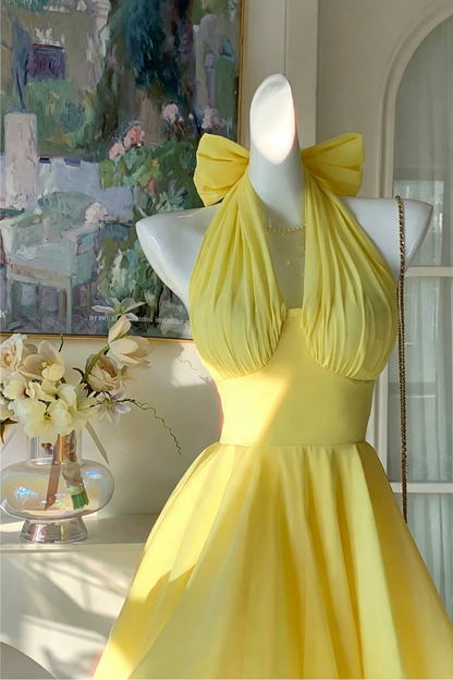 Summer Dress Yellow Halter Short Dress With Large Back Bow For Garden Party F0037