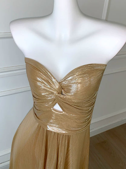 Gold Metallic Strapless Twist Front Maxi Dress F0476
