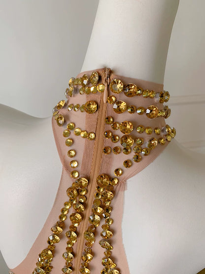 Gold Rhinestone Halter Sheer Mesh Midi Evening Dress F0492