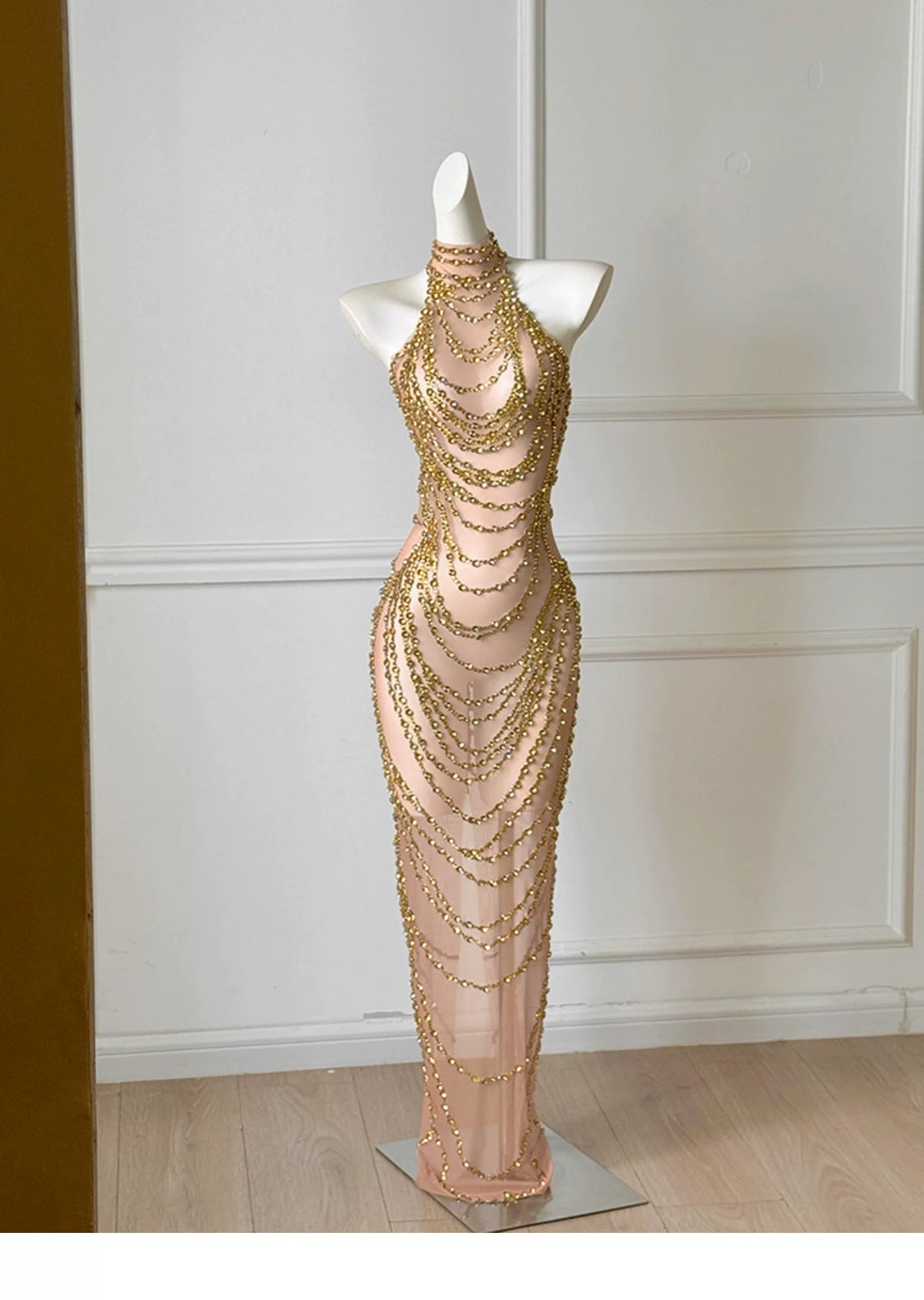 Gold Rhinestone Halter Sheer Mesh Midi Evening Dress F0492