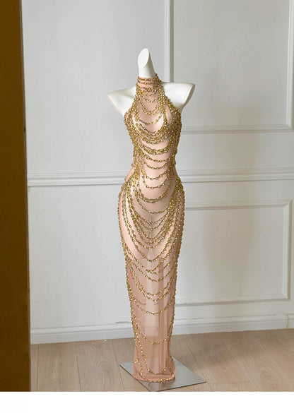 Gold Rhinestone Halter Sheer Mesh Midi Evening Dress F0492