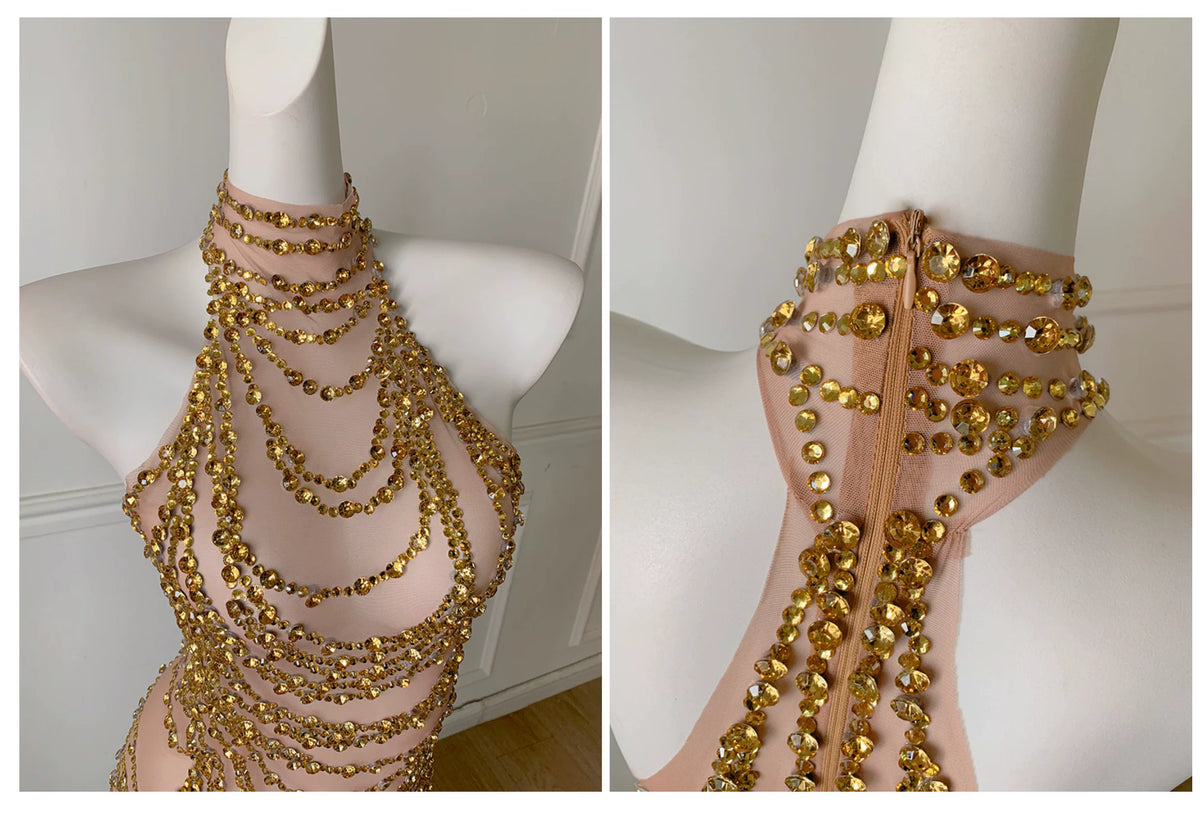 Gold Rhinestone Halter Sheer Mesh Midi Evening Dress F0492