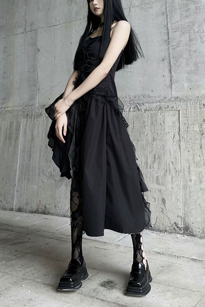 Gothic Spaghetti Strap Asymmetrical Ruffle Party Dress F0500