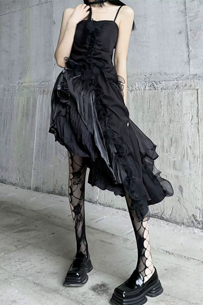 Gothic Spaghetti Strap Asymmetrical Ruffle Party Dress F0500