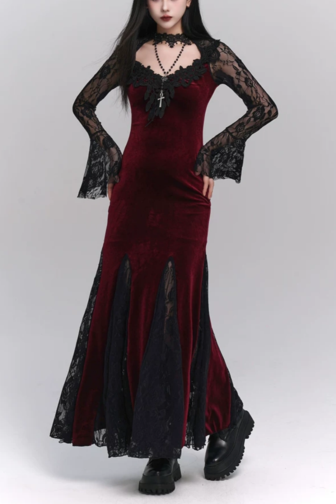 Gothic Velvet Mermaid Long Evening Dress F0499