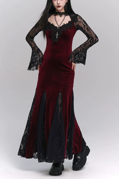 Gothic Velvet Mermaid Long Evening Dress F0499