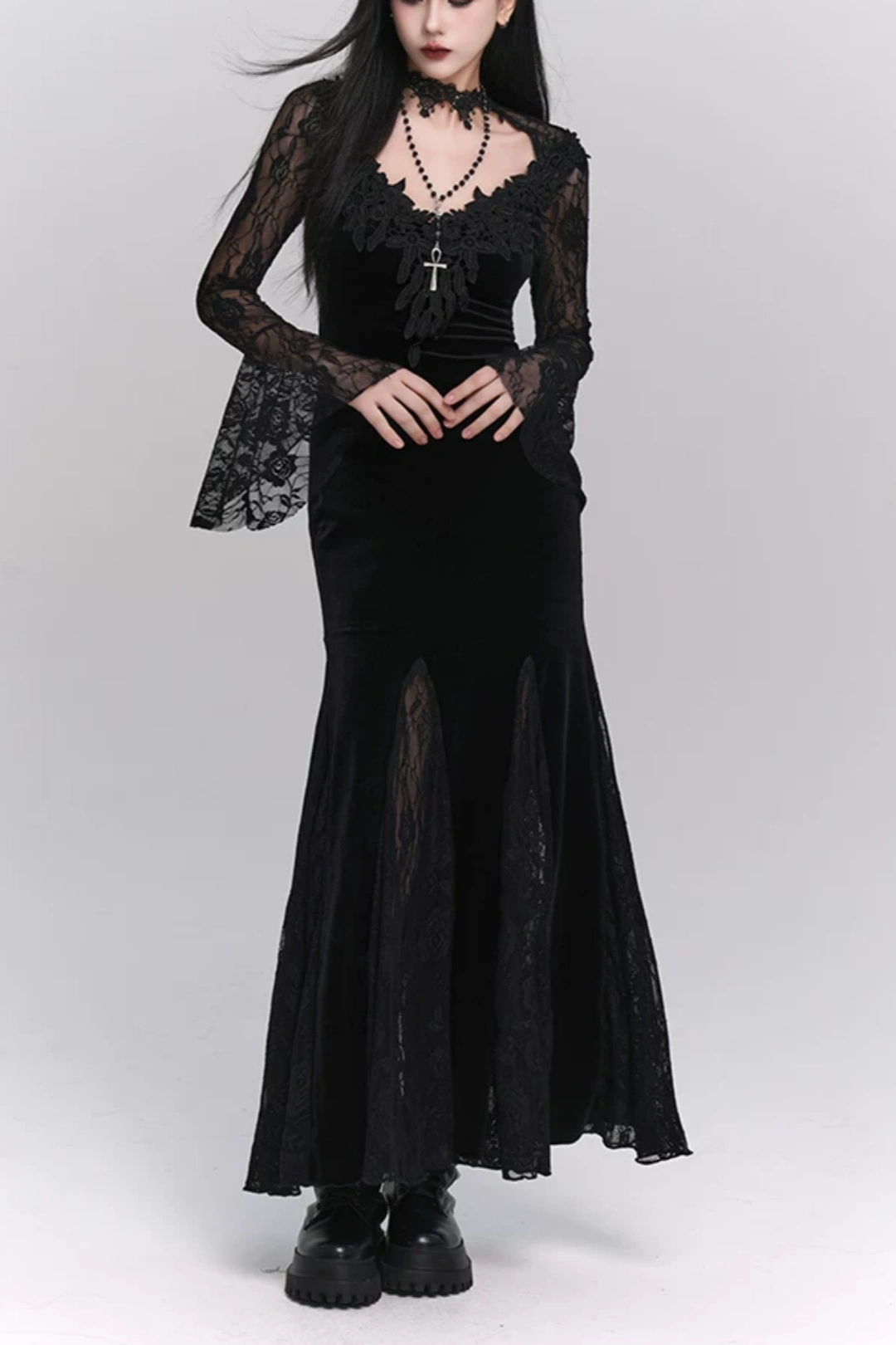 Gothic Velvet Mermaid Long Evening Dress F0499