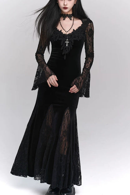 Gothic Velvet Mermaid Long Evening Dress F0499