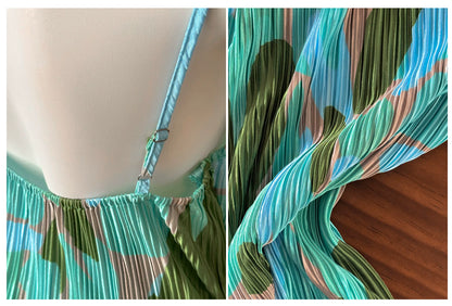 Green Blue Abstract Print Pleated Spaghetti Strap Maxi Dress, Vacation Dress F0482