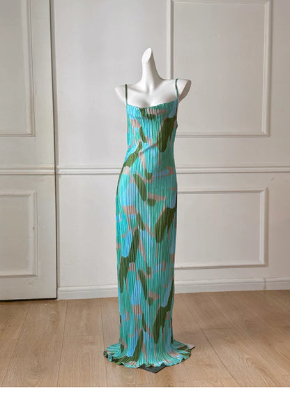 Green Blue Abstract Print Pleated Spaghetti Strap Maxi Dress, Vacation Dress F0482