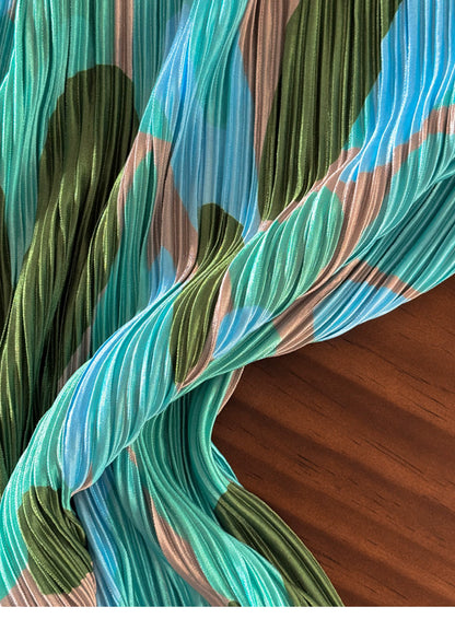 Green Blue Abstract Print Pleated Spaghetti Strap Maxi Dress, Vacation Dress F0482