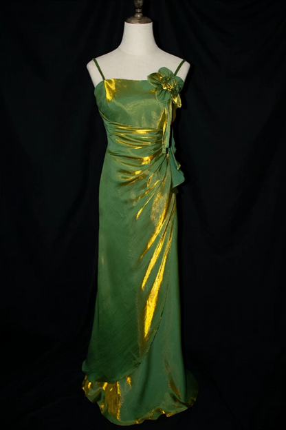 Green Gold Shimmer Spaghetti Strap Mermaid Formal Dress with 3D Flower L019