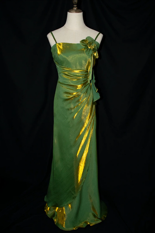 Green Gold Shimmer Spaghetti Strap Mermaid Formal Dress with 3D Flower L019
