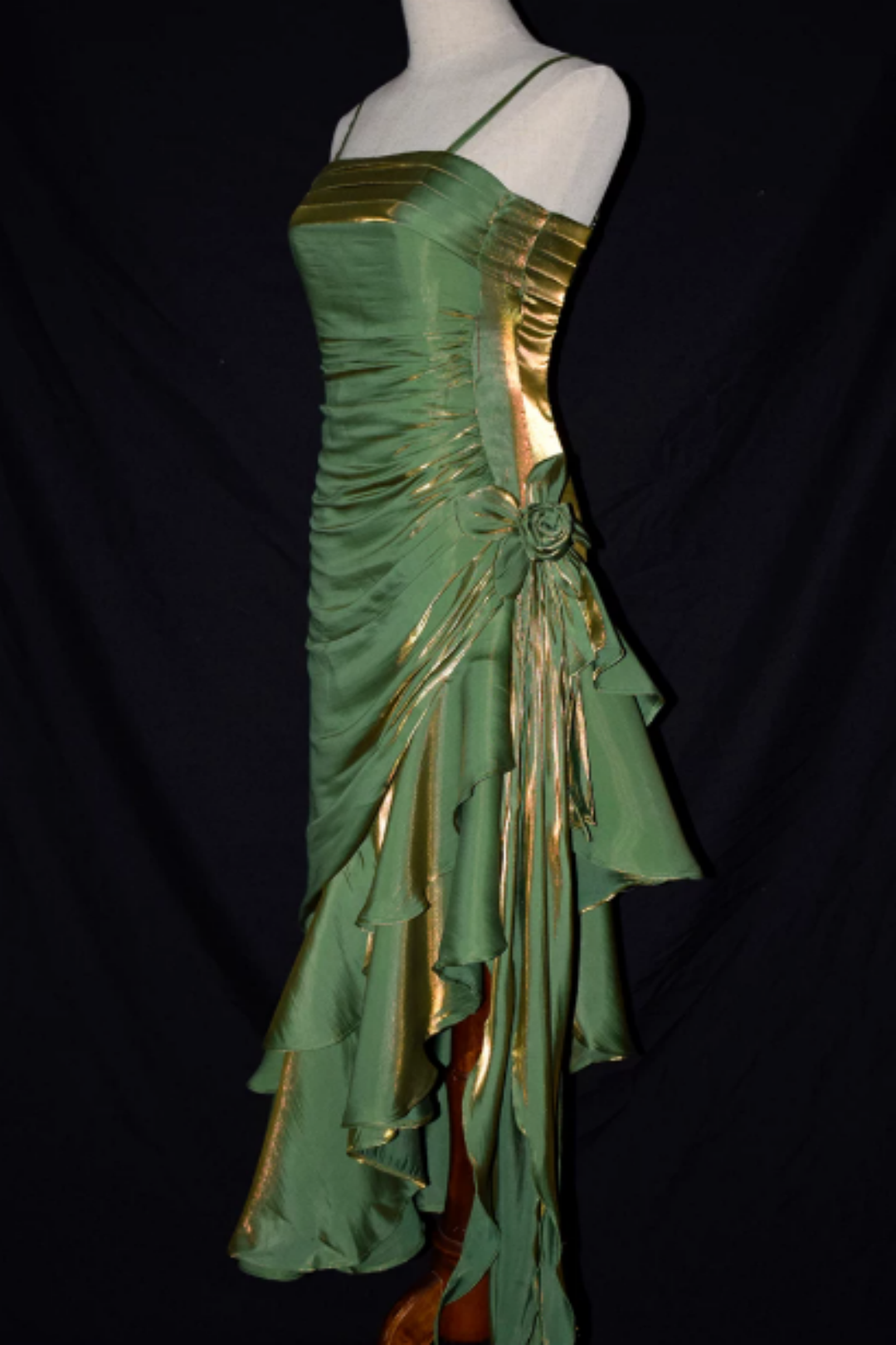 Iridescent Green Gold Shiny Spaghetti Strap Formal Dress, Ruched Asymmetrical Ruffle Floral Party Dress L010