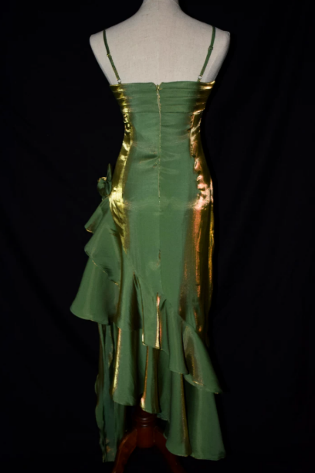 Iridescent Green Gold Shiny Spaghetti Strap Formal Dress, Ruched Asymmetrical Ruffle Floral Party Dress L010
