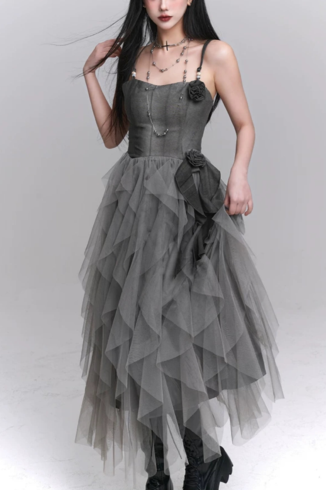 Grey Spaghetti Strap 3D Flower Asymmetrical Tulle Party Dress F0501