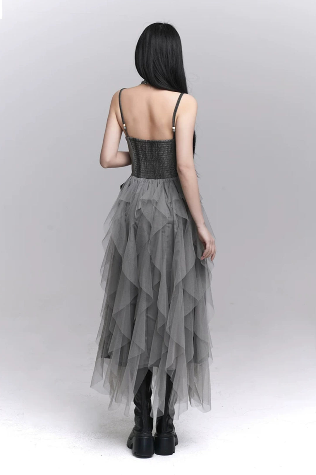 Grey Spaghetti Strap 3D Flower Asymmetrical Tulle Party Dress F0501
