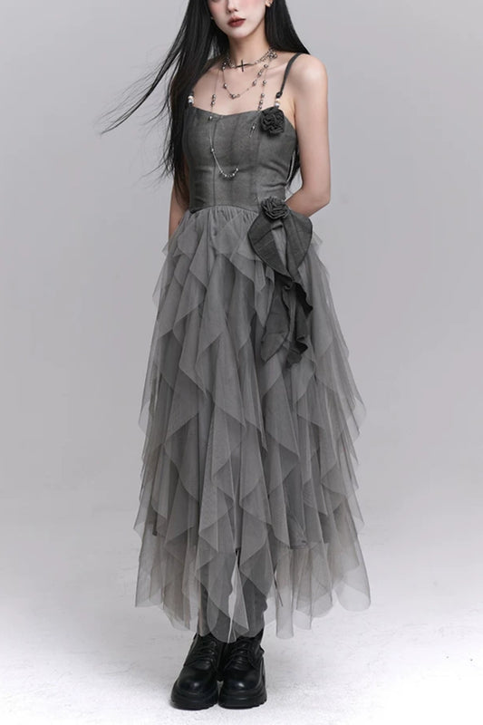 Grey Spaghetti Strap 3D Flower Asymmetrical Tulle Party Dress F0501