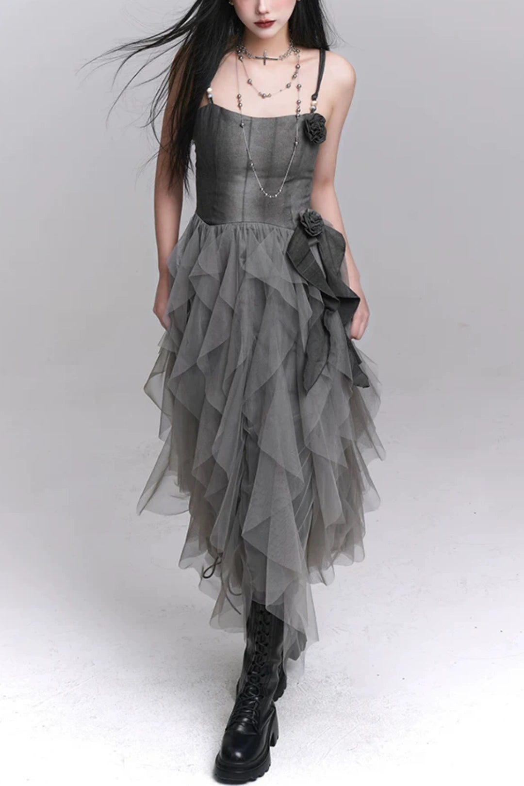 Grey Spaghetti Strap 3D Flower Asymmetrical Tulle Party Dress F0501