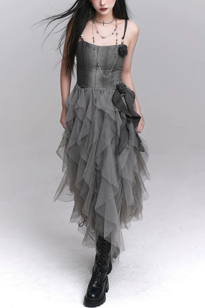 Grey Spaghetti Strap 3D Flower Asymmetrical Tulle Party Dress F0501