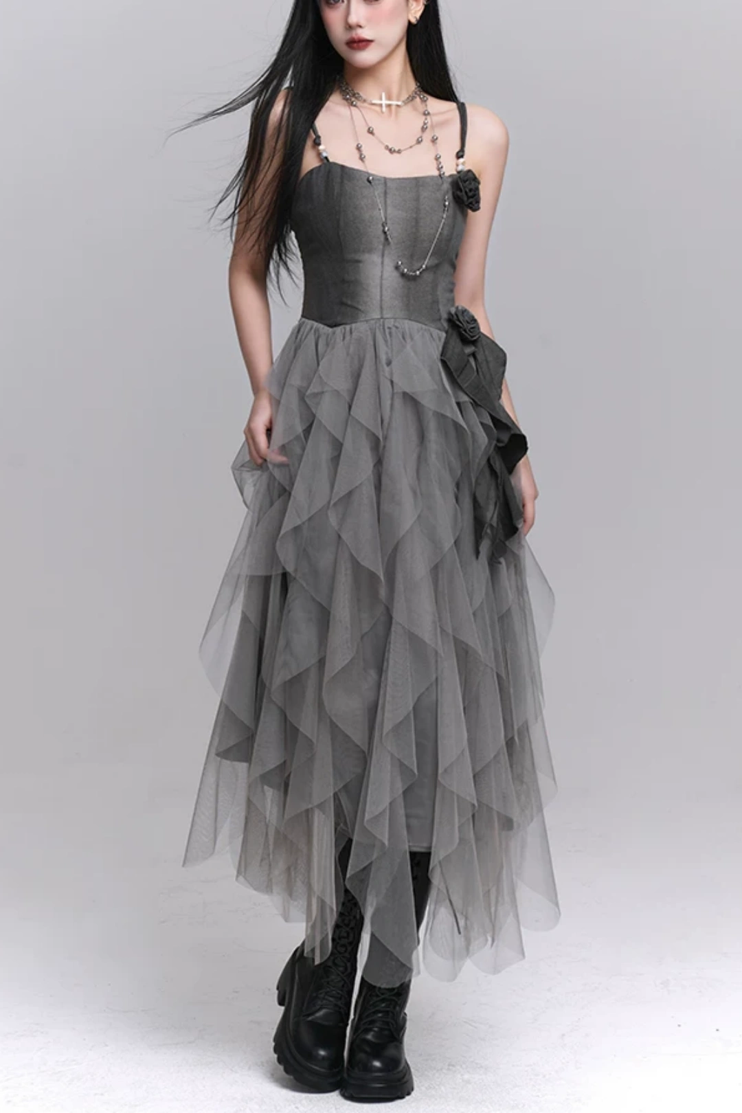 Grey Spaghetti Strap 3D Flower Asymmetrical Tulle Party Dress F0501