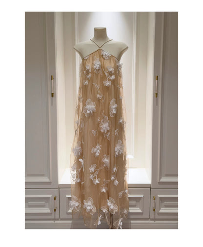 Halter Nude 3D Floral Tulle Long Evening Dress F0444