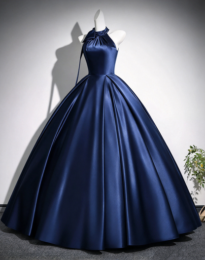Halter Satin Ball Gown, Bow Neck A-Line Formal Evening Dress F0421