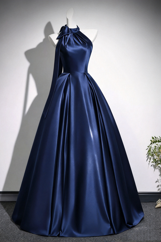 Halter Satin Ball Gown, Bow Neck A-Line Formal Evening Dress F0421