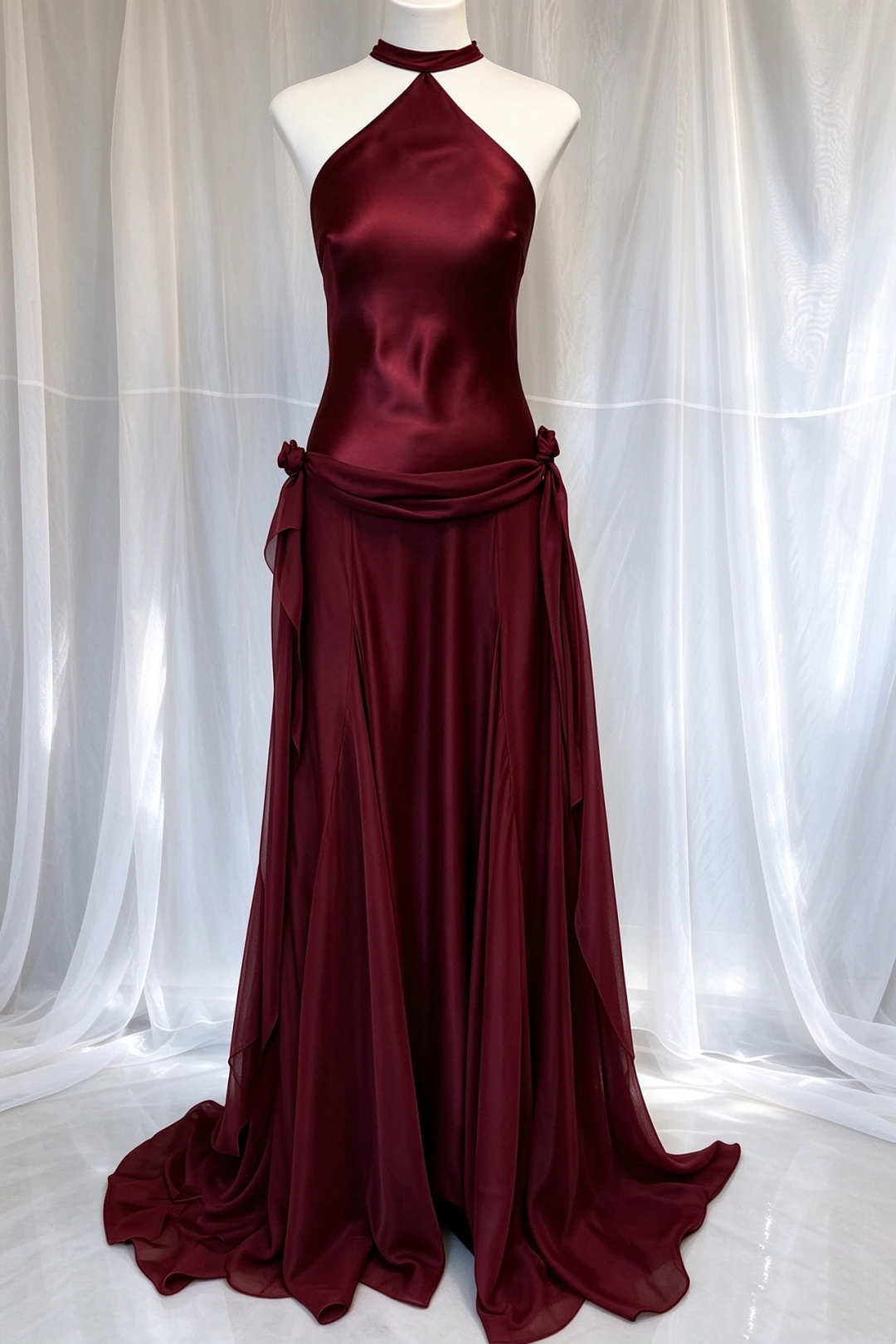 Halter Satin Chiffon Burgundy Long Evening Gown F0402